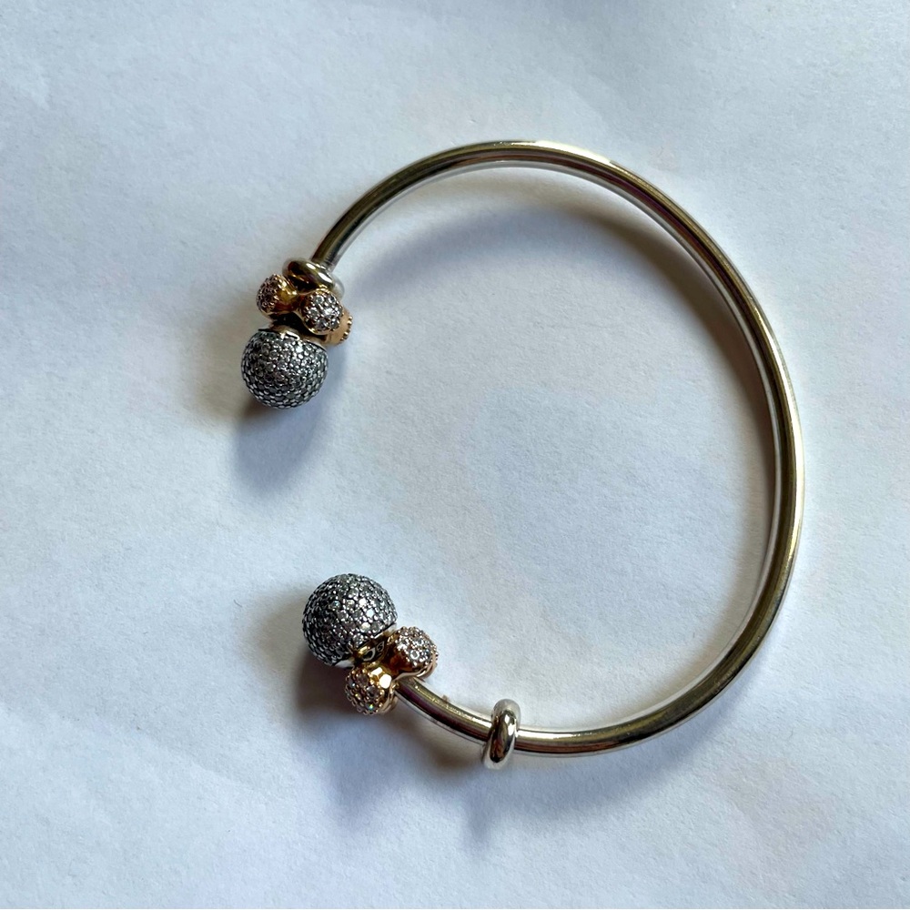 Pandora open bangle, sterling silver and clear CZ end caps and rose gold spacers